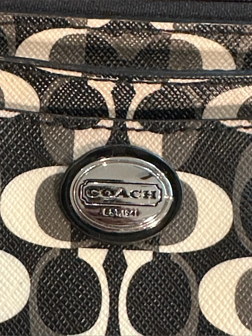 Coach Op Art Signature Zip Card Case Mini Skinny ID Wallet Black Gray White EUC